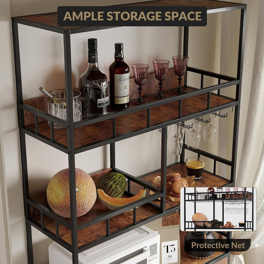 70.9' Freestanding Bakers Rack with Storage Cabinet, 5-Tier Wine Bar Cabinet with Goblet Holder & Microwave Stand – Kitchen Pantry Hutch for Dining & Living Room, Rustic Brown