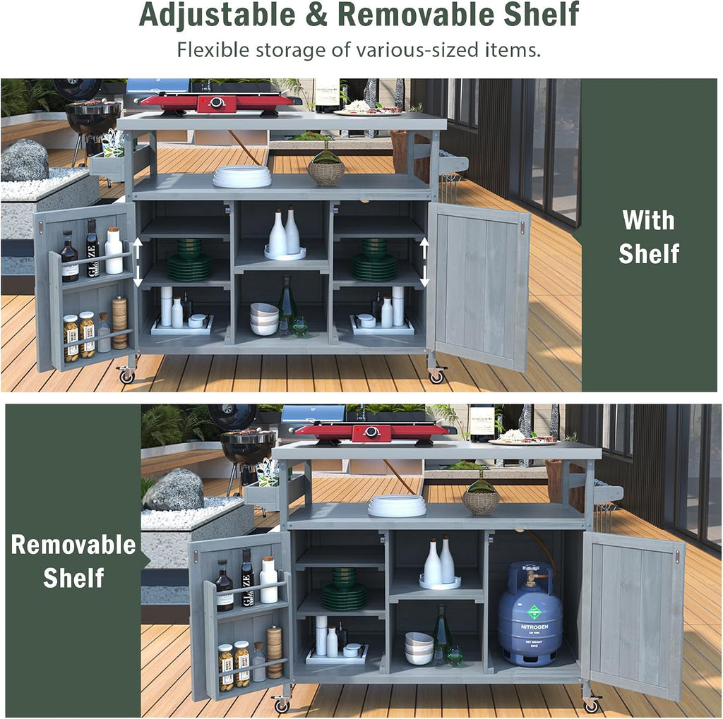 Outdoor Kitchen Island Rolling Bar Cart & Storage Cabinet Farmhouse Solid Wood Outdoor Grill Table with Stainless Steel Top, Spice Rack, Towel Rack for Dining Room Kitchens BBQ Grey Blue