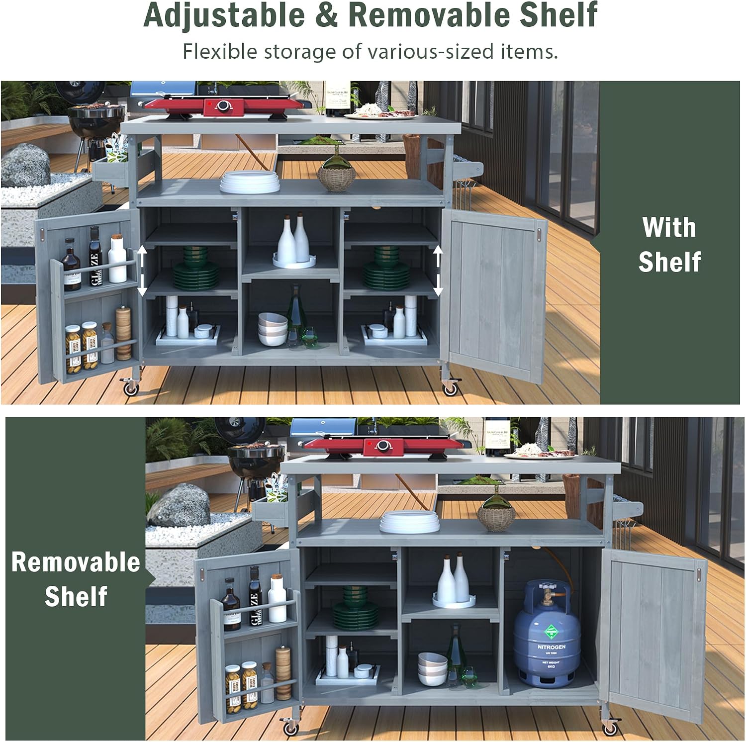 Outdoor Kitchen Island Rolling Bar Cart & Storage Cabinet Farmhouse Solid Wood Outdoor Grill Table with Stainless Steel Top, Spice Rack, Towel Rack for Dining Room Kitchens BBQ Grey Blue