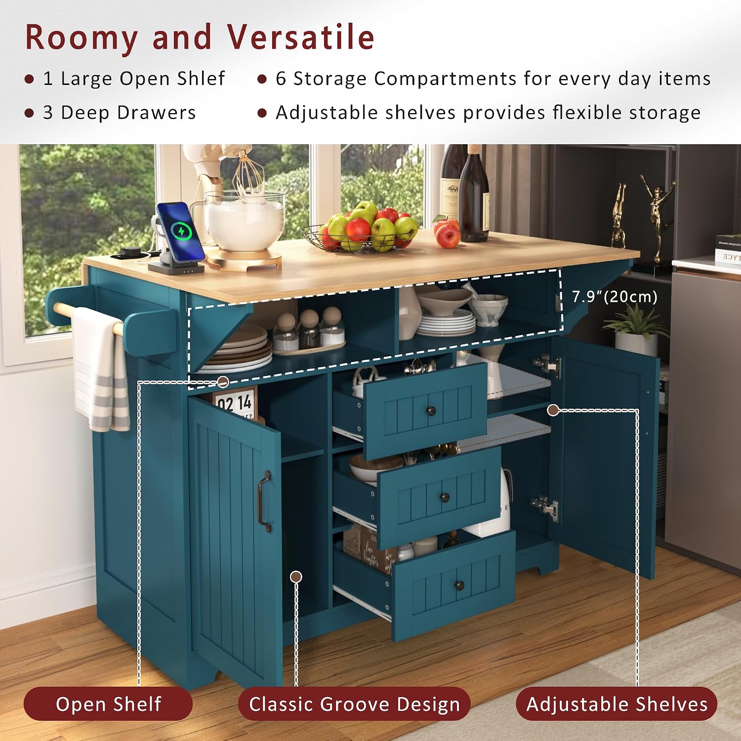 55.7'' Large Kitchen Island w/2 Drop Leaf,, Rolling Kitchen Cart on 5 Wheels with Power Outlet, Folding Storage Dining Table with Spice & Towel Rack , 3 Drawers, for Kitchen, Dining Room (Green )
