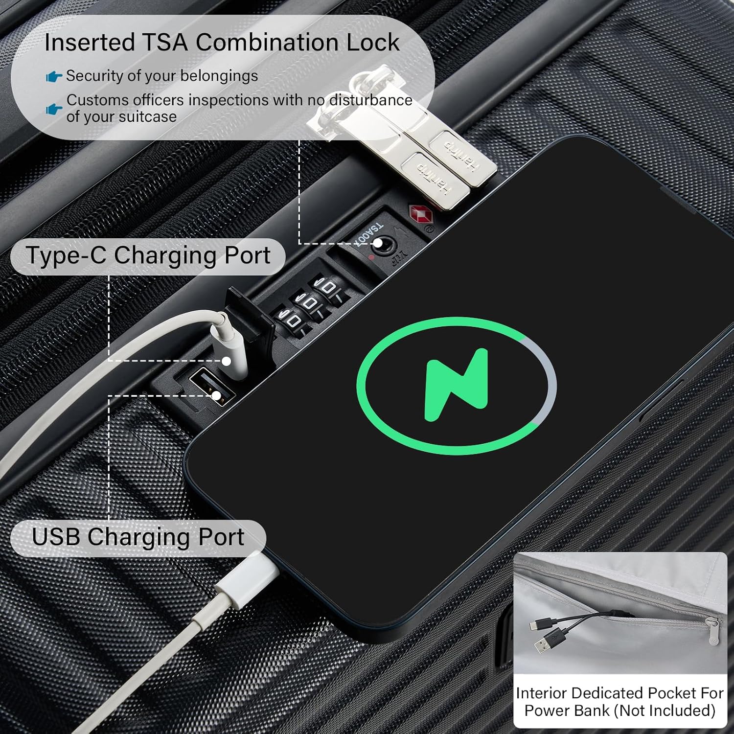 HanTrip Hard Shell Suitcases Travel Expandable Luggage, 24 Inch Check in Luggage with Spinner Wheels Cup Holder Charger Built in, Checked Medium Suitcase Lightweight Suitcases, Black