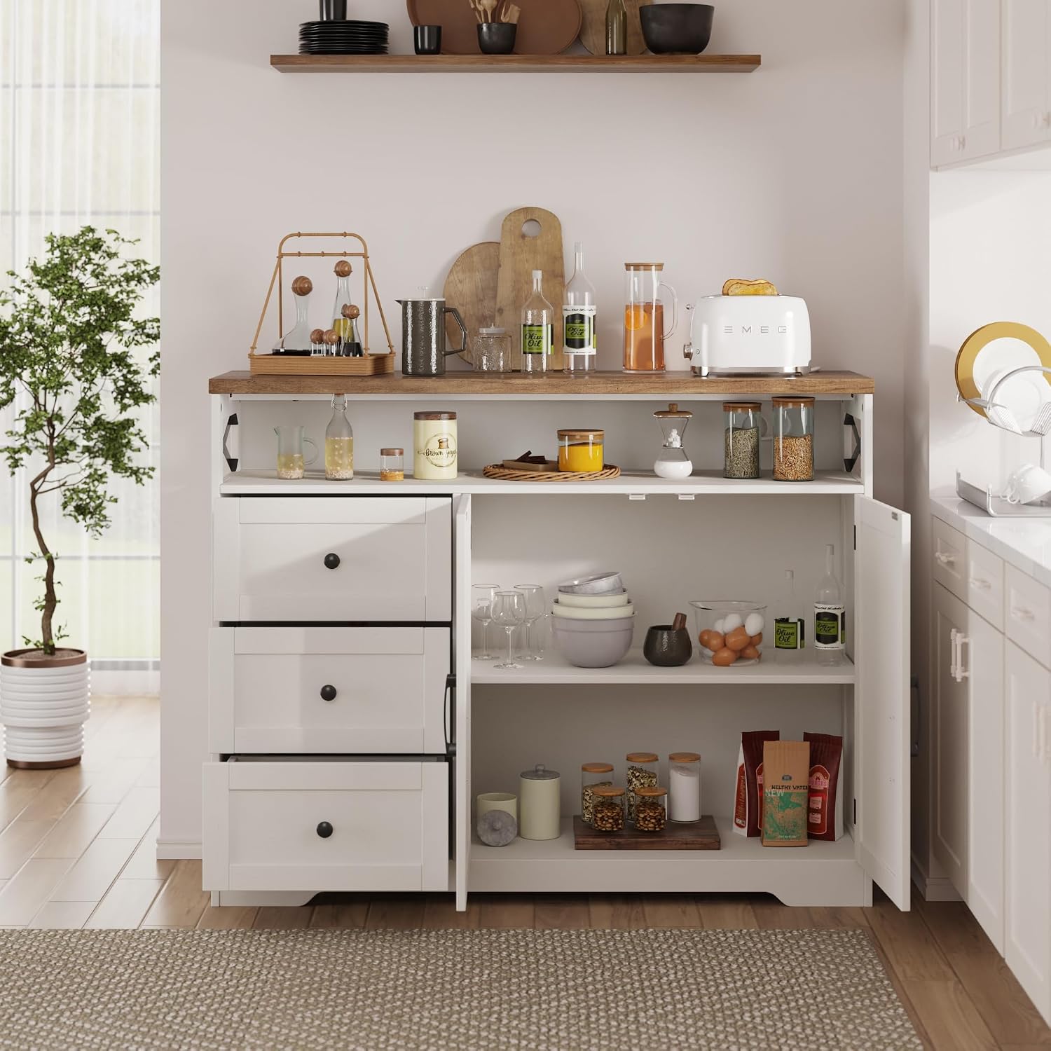 Befrases Farmhouse Buffet Cabinet with Drawers & Open Shelf, Sideboard with Storage, Kitchen Pantry Cabinet Hutch, Coffee Bar Station for Kitchen, Livingroom, 47' L White