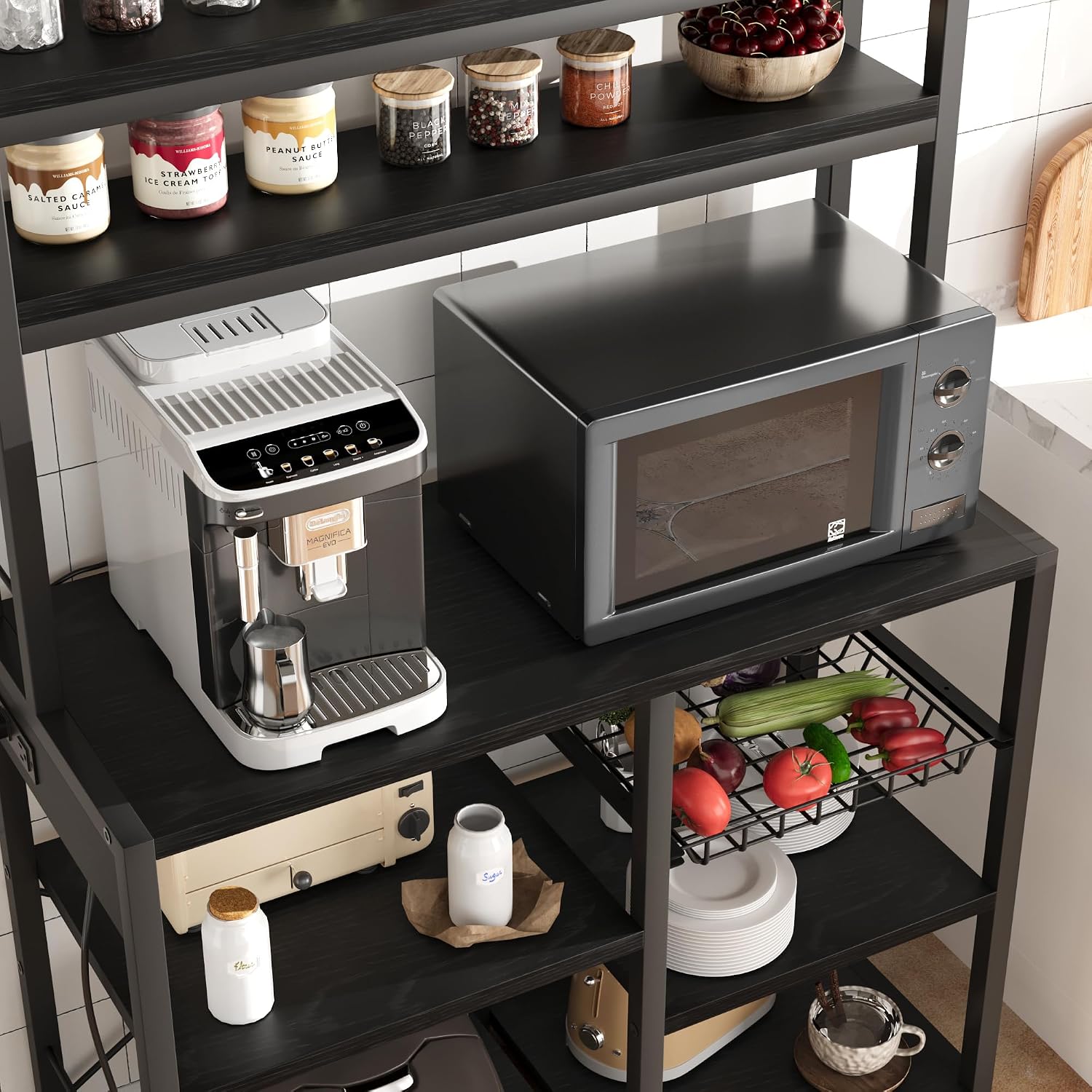 GAOMON Bakers Rack with Power Outlet, Kitchen Baker Rack with Wire Basket, Microwave Stand with Large Open Storage Shelves, 6-Tier Freestanding Utility Storage Shelf, Retro Black