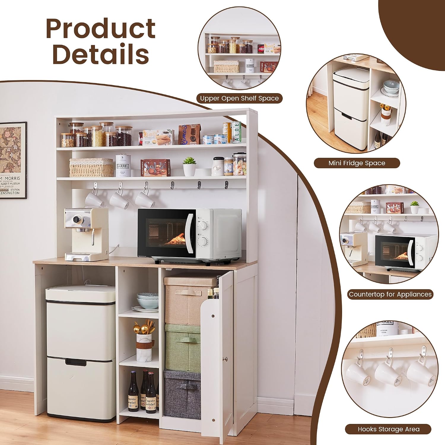 69' Coffee Bar with Mini Fridge Space, Mini Fridge Cabinet with Power Outlet, Liquor Wine Cabinet, Microwave Stand with Storage, Refrigerator Stand for Kitchen, Apartment, Home Bar, Dorm