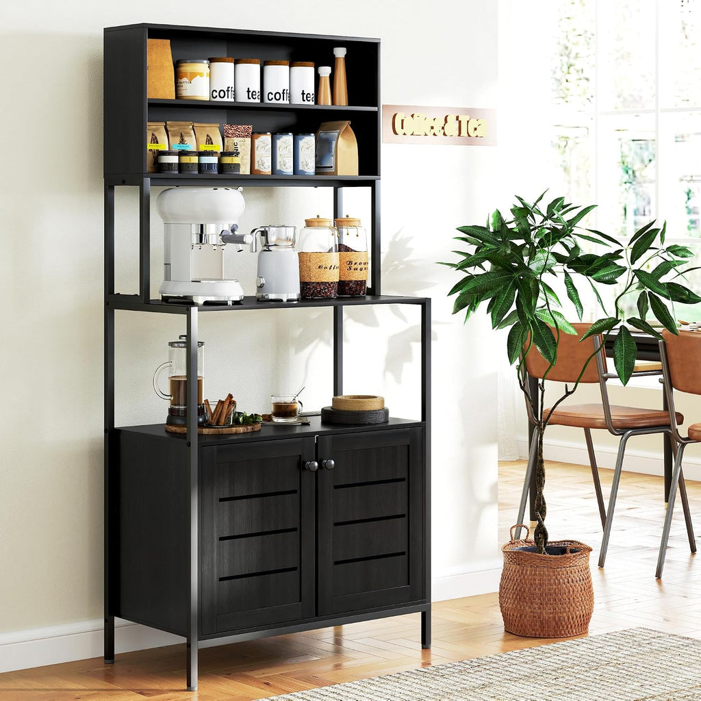 HOMCOM Kitchen Bakers Rack with Power Outlet, Coffee Bar Cabinet with Storage Shelves, Microwave Stand with Louvred Door Cabinets, 31.5' x 16.5' x 67.3', Black