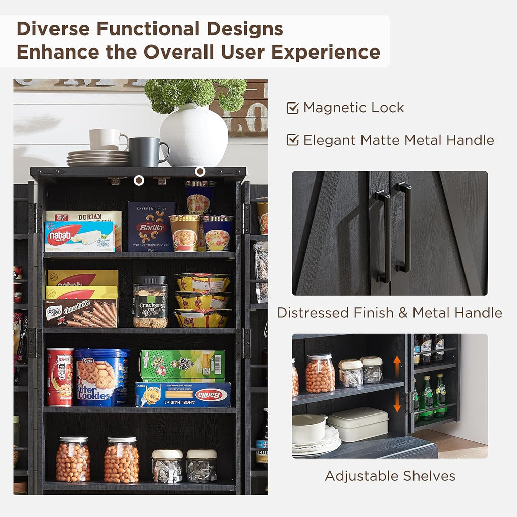 ACCOHOHO 47' Kitchen Pantry, Farmhouse Storage Cabinet with Barn Doors, Organizer and Adjustable Shelves, Rustic Wood Cupboard for Kitchen, Dining Room, Bathroom and Hallway, Black