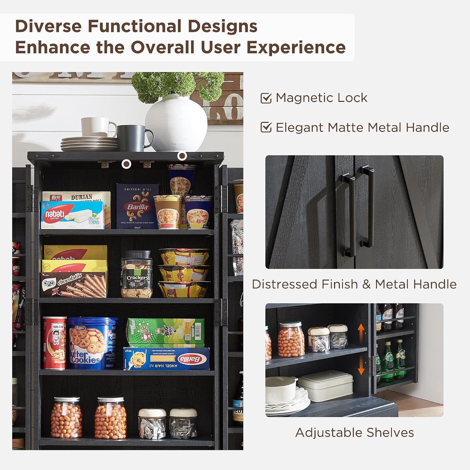 ACCOHOHO 47' Kitchen Pantry, Farmhouse Storage Cabinet with Barn Doors, Organizer and Adjustable Shelves, Rustic Wood Cupboard for Kitchen, Dining Room, Bathroom and Hallway, Black