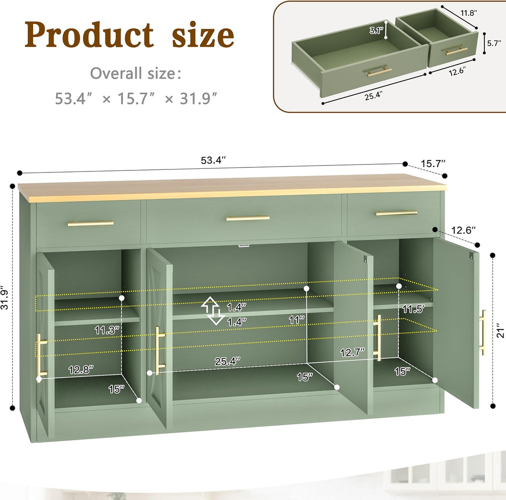 Vongrasig Buffet Cabinet with Storage, Farmhouse Coffee Bar Table with Drawers, 53' Large Modern Sideboard Buffet with Adjustable Shelves, Wood Buffet Table for Kitchen, Dining Room, Green