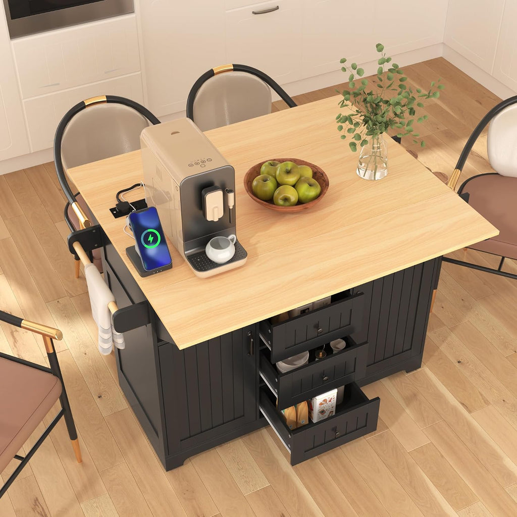 55.7' Large Rolling Kitchen Island Cart On 5 Wheels with 2 Drop Leaf, Power Outlet, Folding Storage Dining Table with Spice & Towel Rack, 3 Drawers, for Kitchen, Dining Room, Black