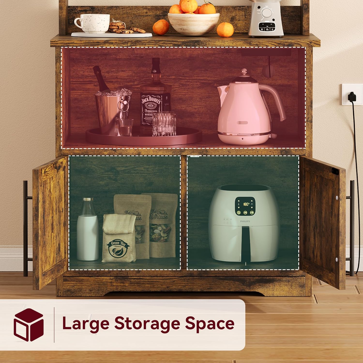 Garvee Farmhouse Bakers Rack with Power Outlets, Microwave Stand with Cabinet, Kitchen Hutch Pantry Cabinet, Kitchen Coffee Bar Cabinet for Spices, Dishes, and Pots, Brown
