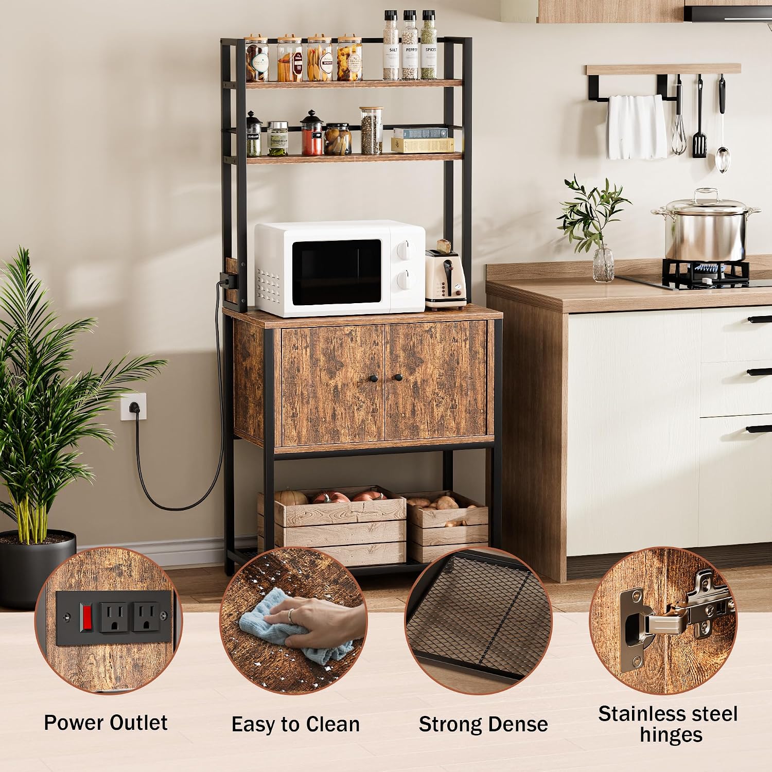 Katutude Kitchen Baker's Rack with Storage Cabinet,5-Tier Baker with Power Outlets Wood Dish Cabinet Metal Spice Rack Microwave Oven Stand for Kitchen Dining Room Brown