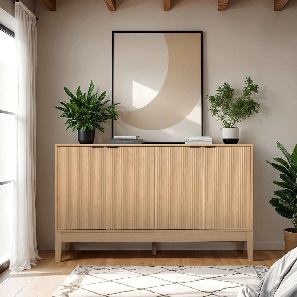 Best Choice Products 55' Modern 4-Door Sideboard Storage Cabinet, Buffet, Media Cabinet, Cupboard, Entryway Accent Table, Bookcase w/Reed Panels and Adjustable Shelves – Natural