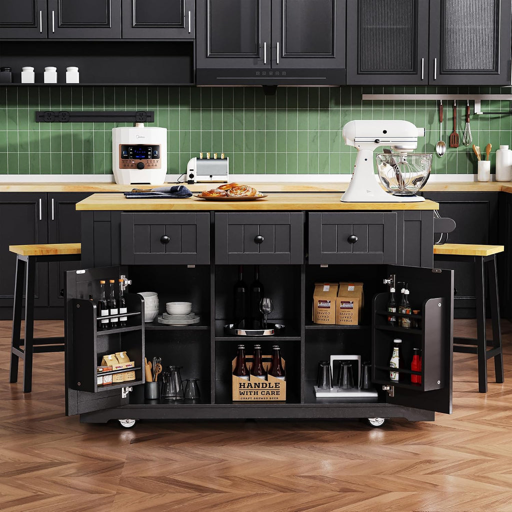 Large Kitchen Island Cart on 5 Wheels with 2 Bar Stools, Power Outlet, 3 Drawers, Kitchen Storage Cart with 5 Open Side Racks, Drop Leaf for Kitchen, Dining Room, Home Bar Black