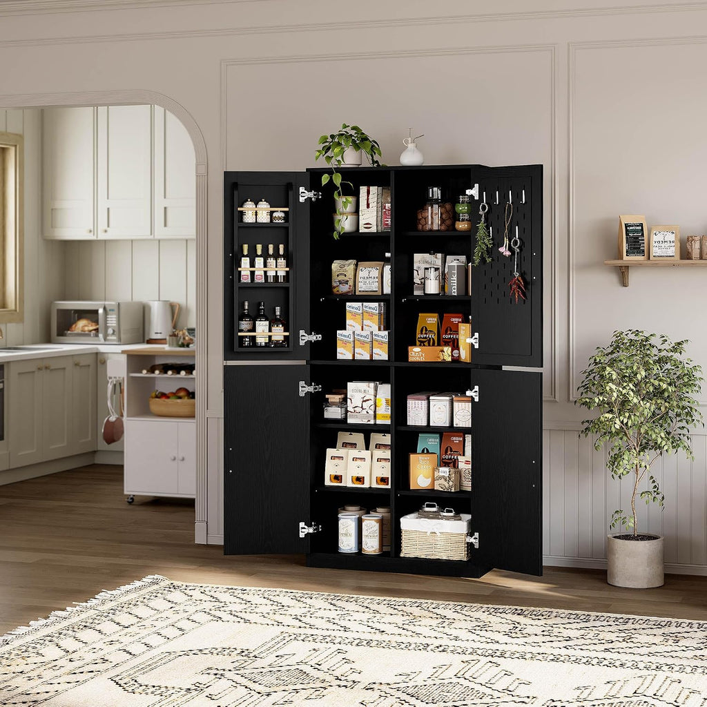 IRONCK 71' Kitchen Pantry Storage Cabinet with Storage Rack, Pegboard Doors, 4 Adjustable Shelves, Food Pantry Cabinet, Freestanding Tall Cupboard for Dining Room, Kitchen, Black