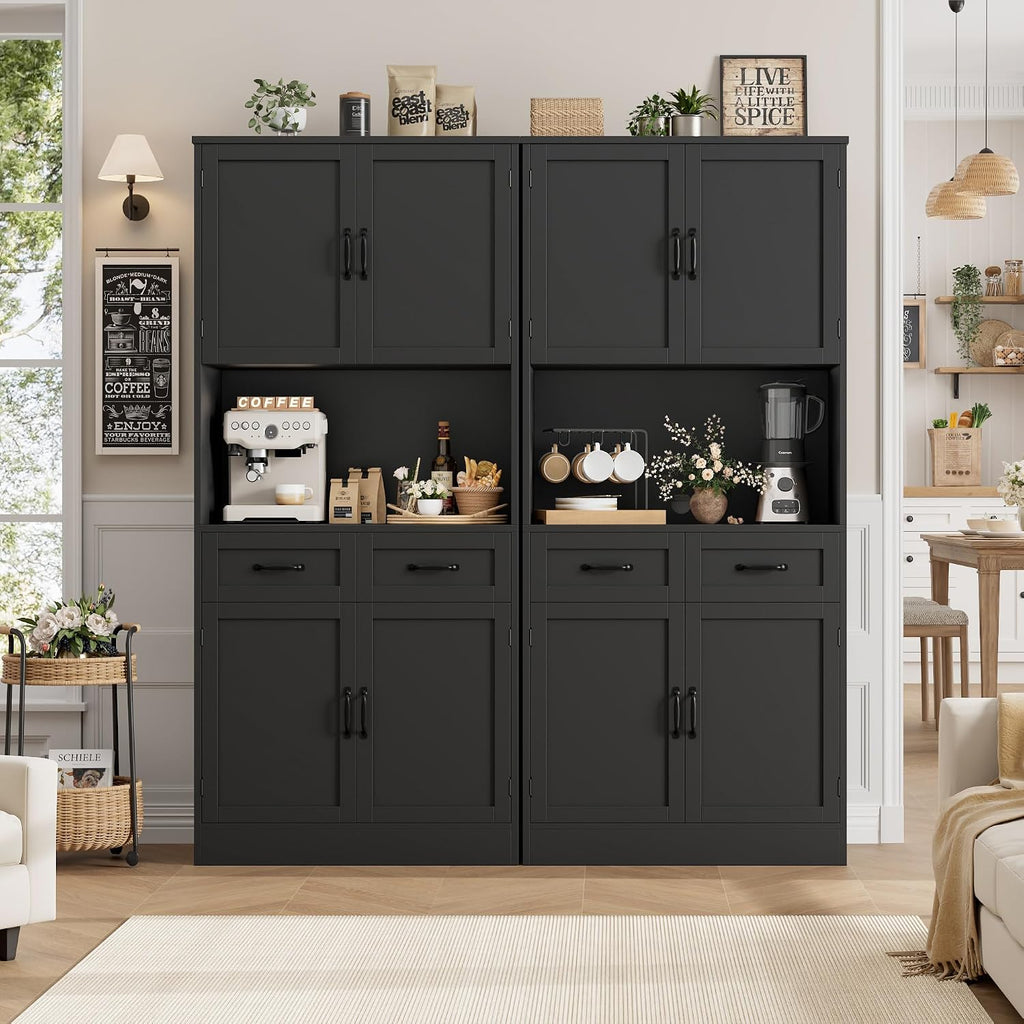 HOSTACK 71' Tall Kitchen Pantry Storage Cabinet, Modern Kitchen Hutch Bar Cabinet with Microwave Stand, Wood Buffet Sideboard with Hutch, Cupboard with Drawers, Shelves for Dining Room, Black