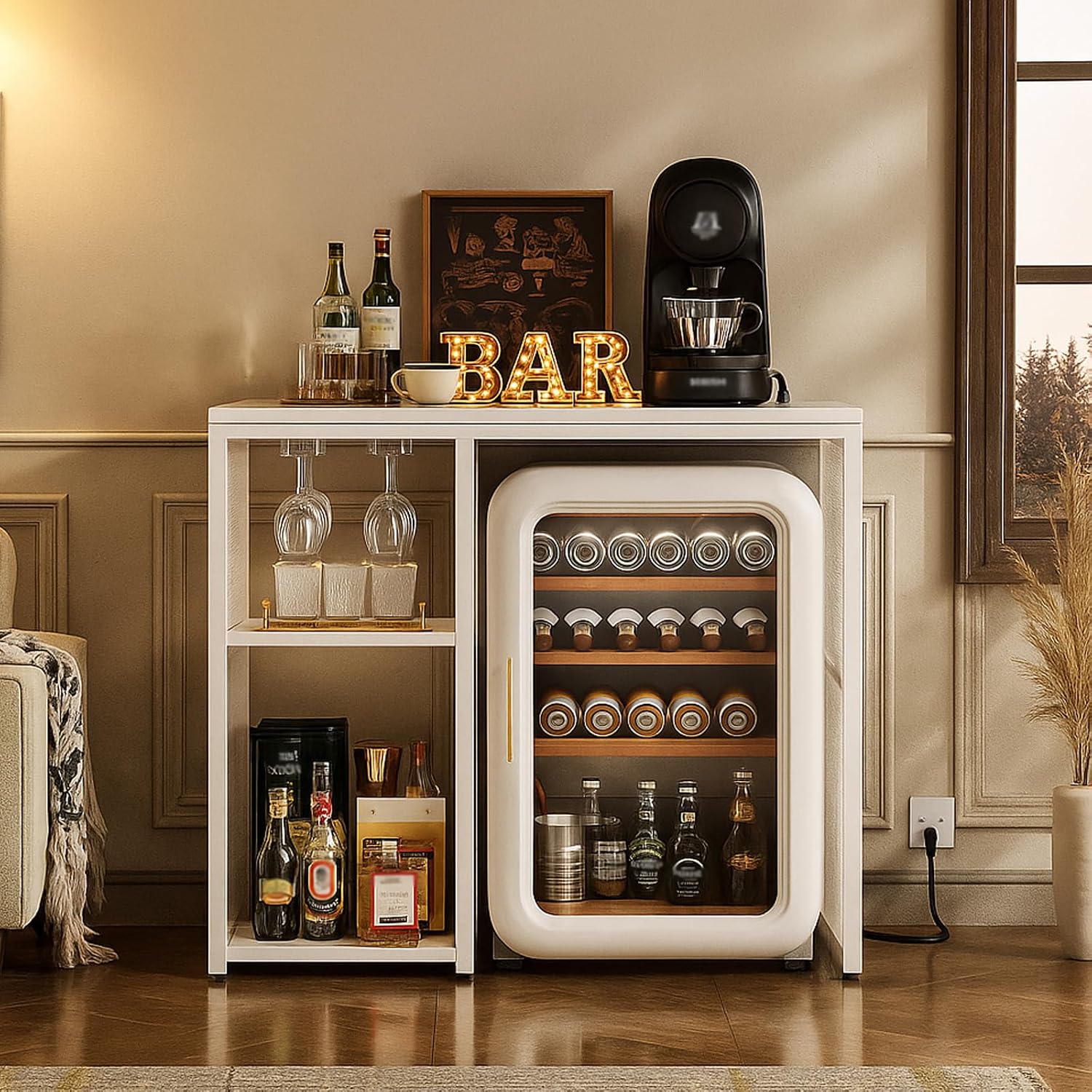 Homieasy Mini Fridge Cabinet with Power Outlet, Coffee Bar Cabinet with Mini Fridge Space, Industrial Liquor Cabinet with Wine Storage & Glass Holder for Dorm, Living Room, Home Kitchen, White