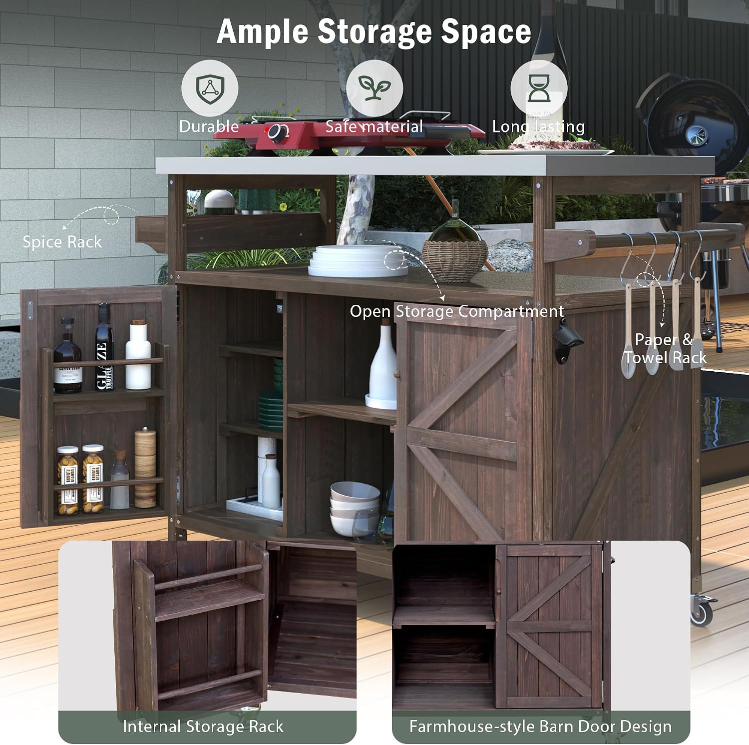Outdoor Kitchen Island Rolling Bar Cart & Storage Cabinet Farmhouse Solid Wood Grill Table with Stainless Steel Top, Spice Rack, Towel Rack for Dining Room Kitchens BBQ Outdoor Dark Brown