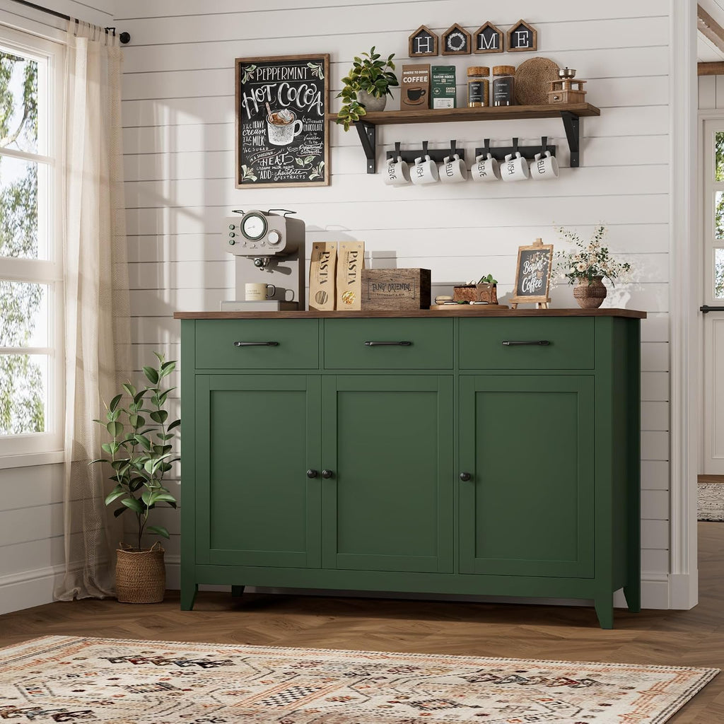 HORSTORS 47' Buffet Cabinet with Storage, Kitchen Buffet Table with Drawers, Modern Farmhouse Coffee Bar Storage Cabinet with Adjustable Shelf, Wood Sideboard for Dining Room, Kitchen, Entryway, Green