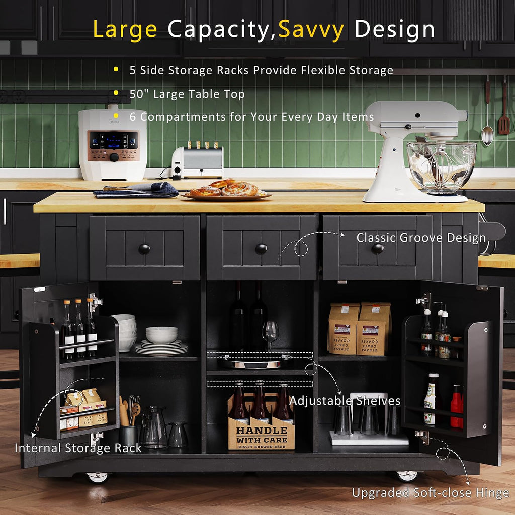 Classic Large Kitchen Island with Drop Leaf, Power Outlet, Door Internal Storage Rack, Rolling Kitchen Storage Cart on 5 Wheels with 5 Open Side Racks, 3 Drawers for Home, Dining Room (Black/Wheels)