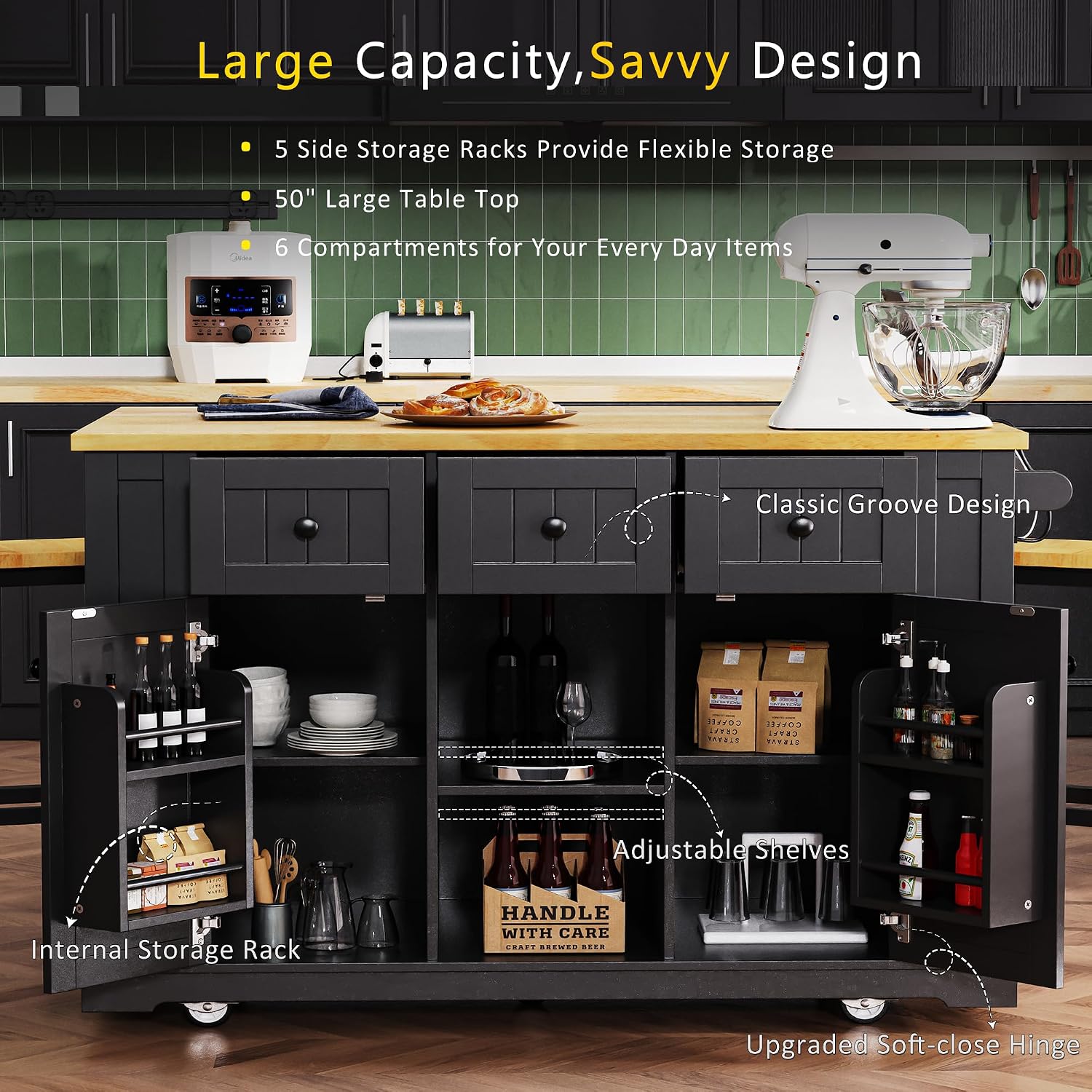 Large Kitchen Island Cart on 5 Wheels with 2 Bar Stools, Power Outlet, 3 Drawers, Kitchen Storage Cart with 5 Open Side Racks, Drop Leaf for Kitchen, Dining Room, Home Bar Black