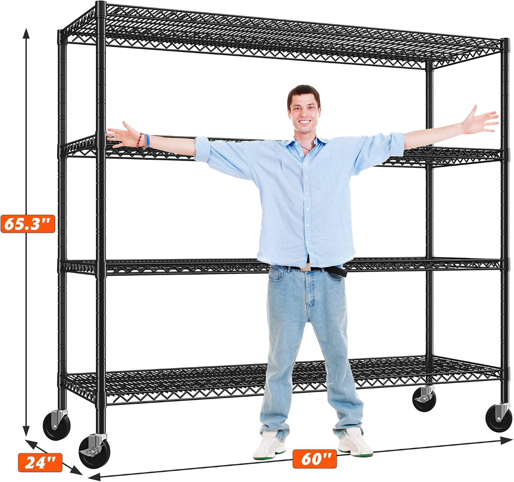 REIBII 60' W Storage Shelves 2878LBS Metal Shelving Unit with Wheels Heavy Duty Garage Shelving Adjustable Wire Shelves for Pantry,Kitchen,Garage,Basement,Business,Warehouse,School,60'W ×24'D×65.3'H