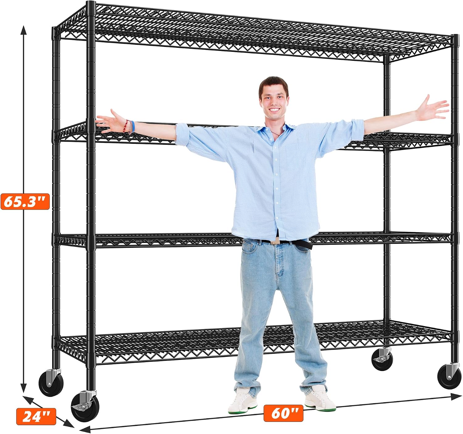 REIBII 60' W Storage Shelves 2878LBS Metal Shelving Unit with Wheels Heavy Duty Garage Shelving Adjustable Wire Shelves for Pantry,Kitchen,Garage,Basement,Business,Warehouse,School,60'W ×24'D×65.3'H