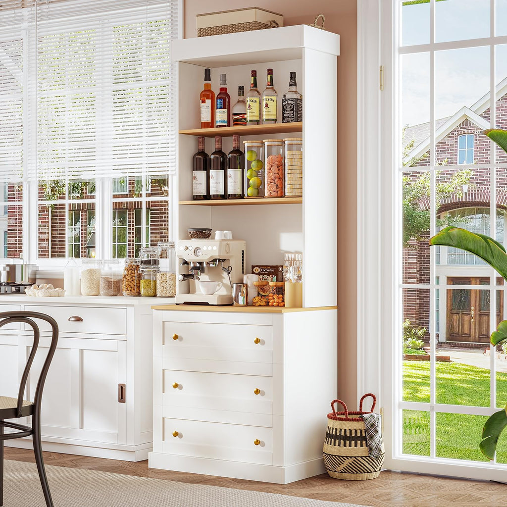 71' Tall Farmhouse Kitchen Pantry, Large Storage Cabinet with Glass Doors and Drawers, Freestanding Coffee Bar Hutch with Microwave Stand, Adjustable Shelves for Kitchen, Living Room, White 4 Pcs