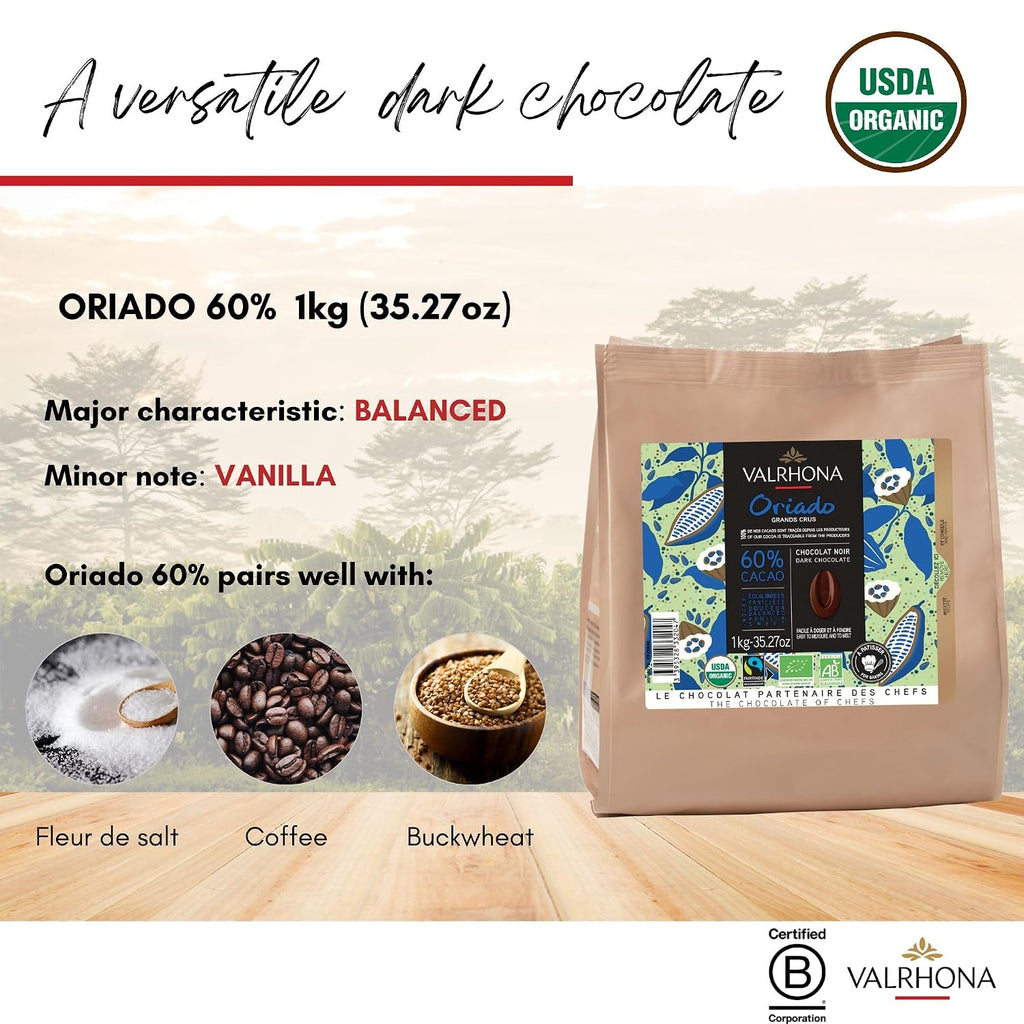 Valrhona Premium French Baking Dark Chocolate Discs (Feves). ORIADO 60% Cacao. Organic and Fair Trade. Easy Tempering. Creamy and Balanced. For Brownies, Cakes, Mousses, and Frostings 1kg (Pack of 1)