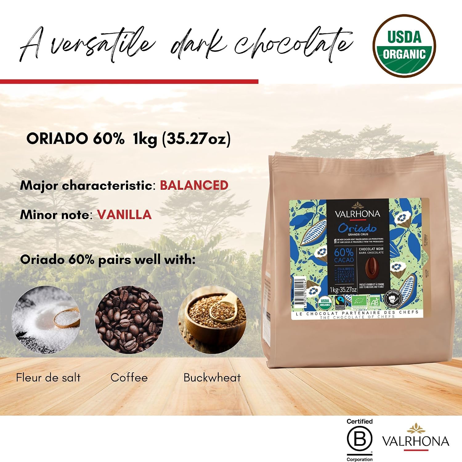 Valrhona Premium French Baking Dark Chocolate Discs (Feves). ORIADO 60% Cacao. Organic and Fair Trade. Easy Tempering. Creamy and Balanced. For Brownies, Cakes, Mousses, and Frostings 1kg (Pack of 1)