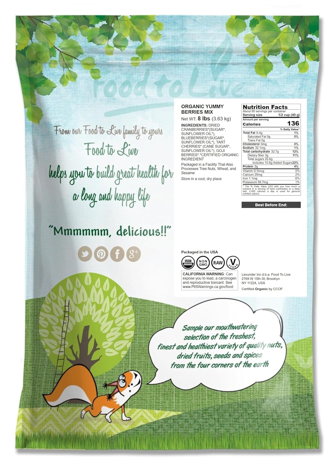 Food to Live - Organic Yummy Berries Mix, 8 Pounds - A Blend of Non-GMO Dried Cranberries, Blueberries, Cherries, Goji Berries, Vegan