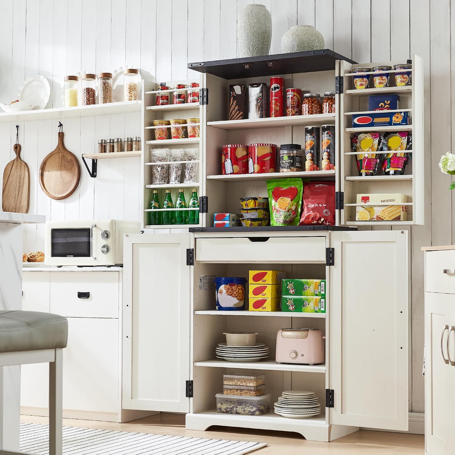 ACCOHOHO 72' Tall Kitchen Pantry, Farmhouse Storage Cabinet with Barn Doors, Organizer, Drawer and Adjustable Shelves, Rustic Wood Cupboard for Kitchen, Dining Room, Bathroom, Off White | Barn Doors