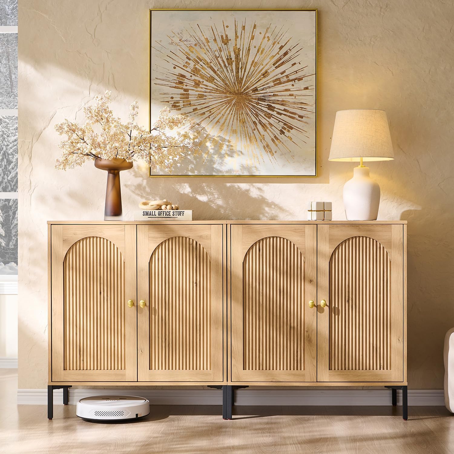 IFGET Modern Buffet Cabinet with Storage, 61.75' W Fluted Arched Sideboard Cabinet w/Adjustable Shelves, Wooden Modular Coffee Bar for Dining Room, Kitchen, Living Room, Entryway, Natural