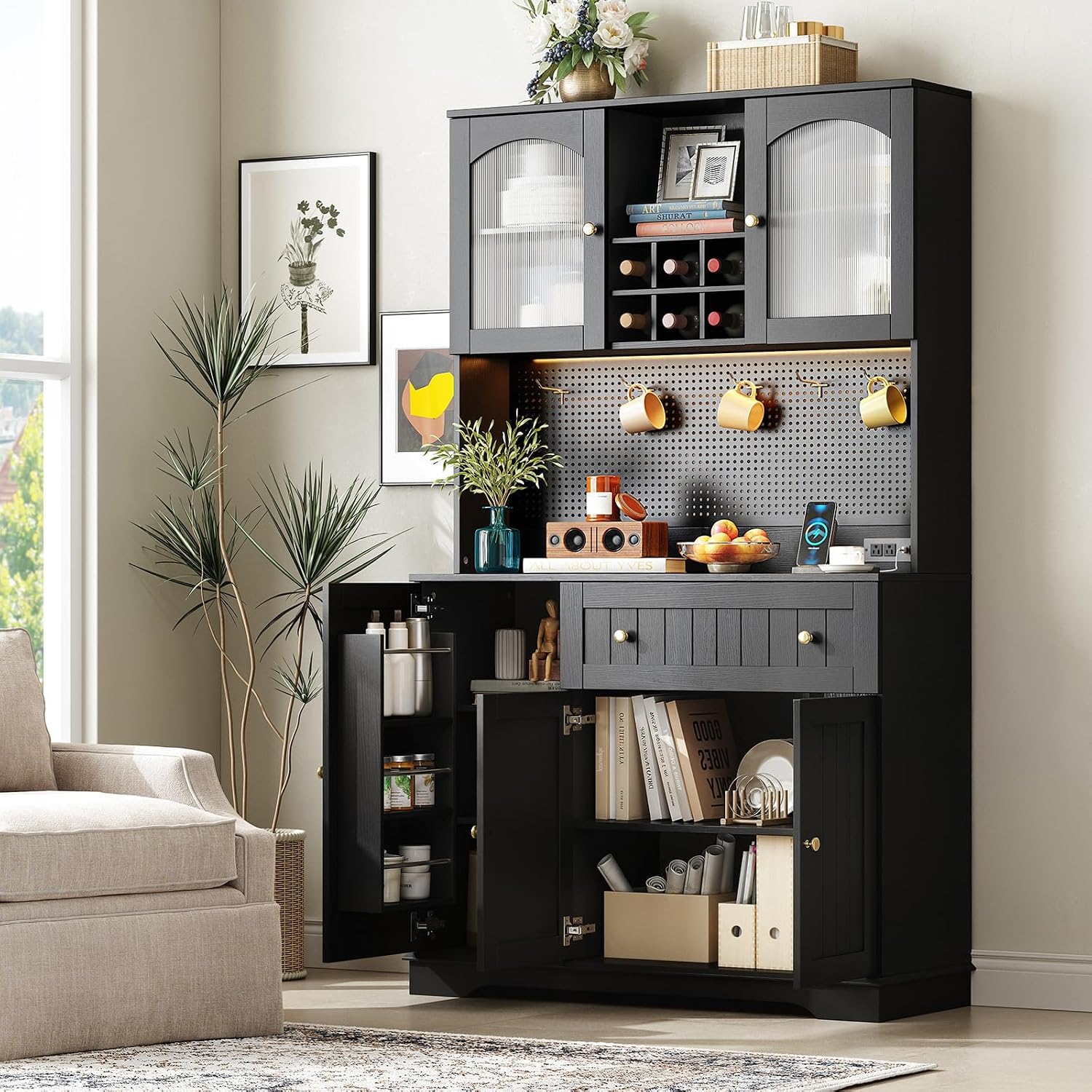 ONBRILL 71' Kitchen Pantry Cabinet with Microwave Shelf & Door Shelves, Kitchen Hutch with Outlet & LED Light, Wood Pantry Storage with DIY Pegboard & 6 Hook, Modern Cabinet with Drawer & Wine Rack