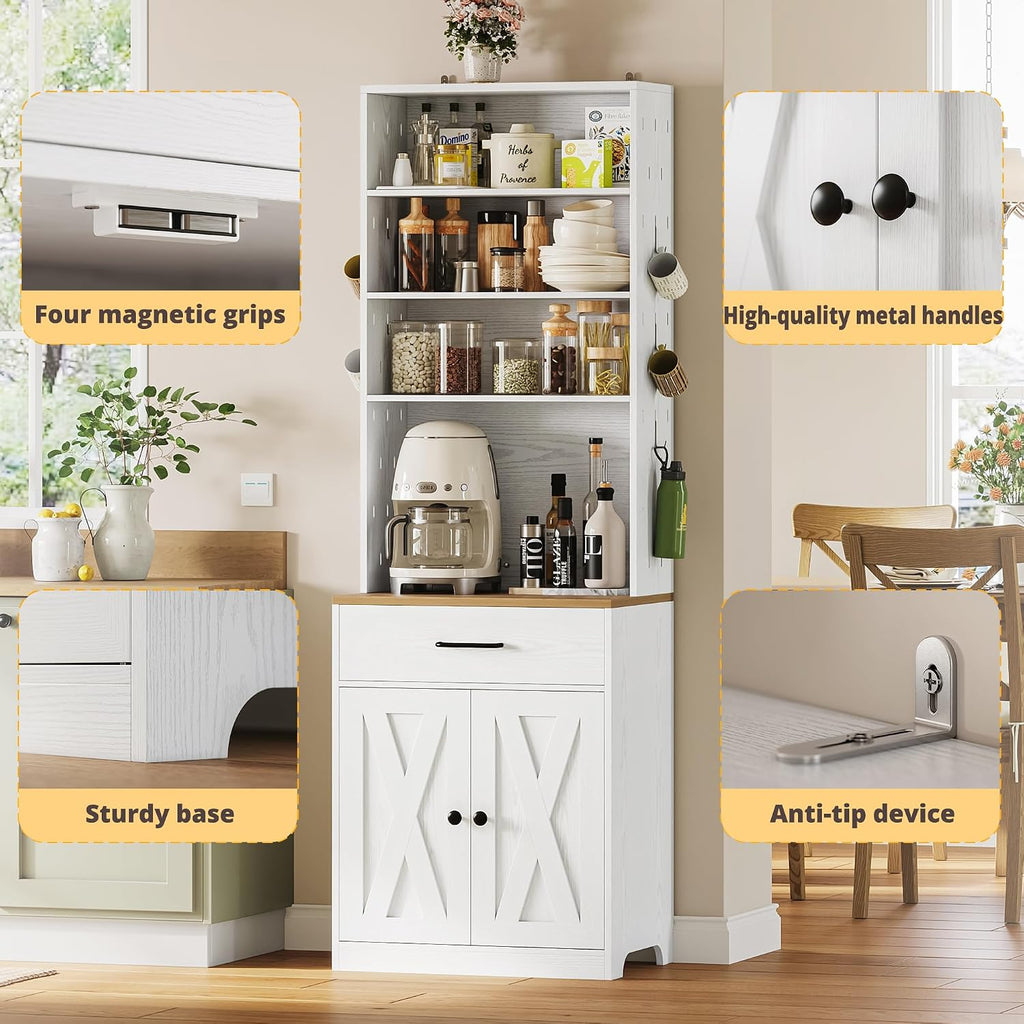 IRONCK Bakers Rack Microwave Stand with Customizable Pegboard and Storage, 71' Farmhouse Coffee Bar Cabinet with Drawer, Barn Doors, Adjustable Shelves for Kitchen, Dining Room, 23.6' White