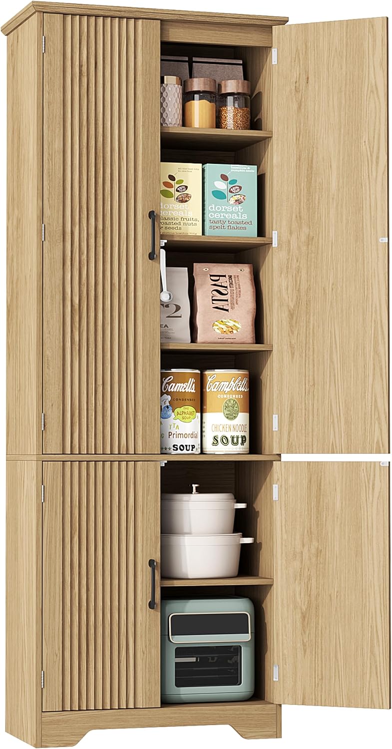 Yusong 72' Tall Fluted Kitchen Pantry Cabinet, Storage Cabinet with 6 Shelves, Cupboard for the Kitchen, Dining Room, Bedroom, Living Room, Office
