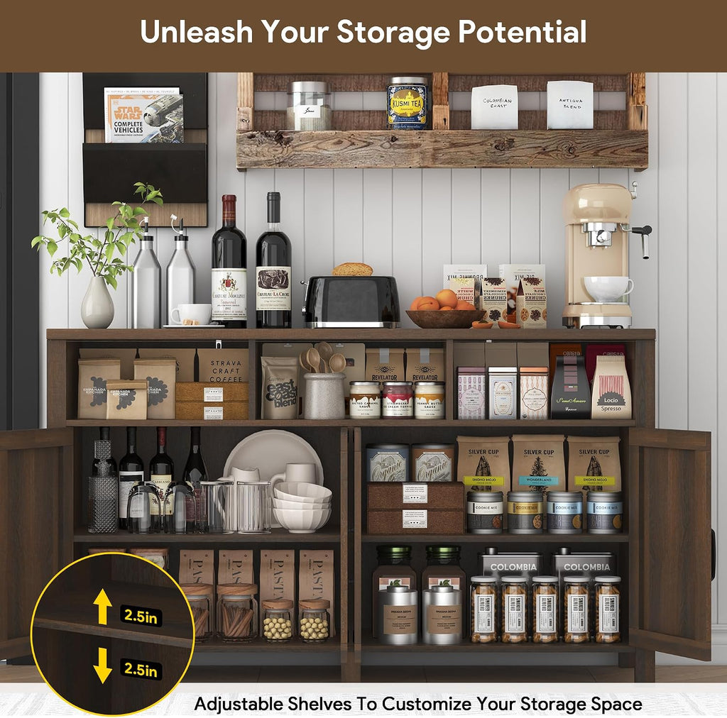 knoworld Buffet Sideboard with Storage Farmhouse with 4 Doors, 55'' Large Kitchen Storage Cabinet Wood Coffee Bar Cabinet Buffet Table with Shelves for Kitchen, Dining Room, Entryway (Brown, 55in)