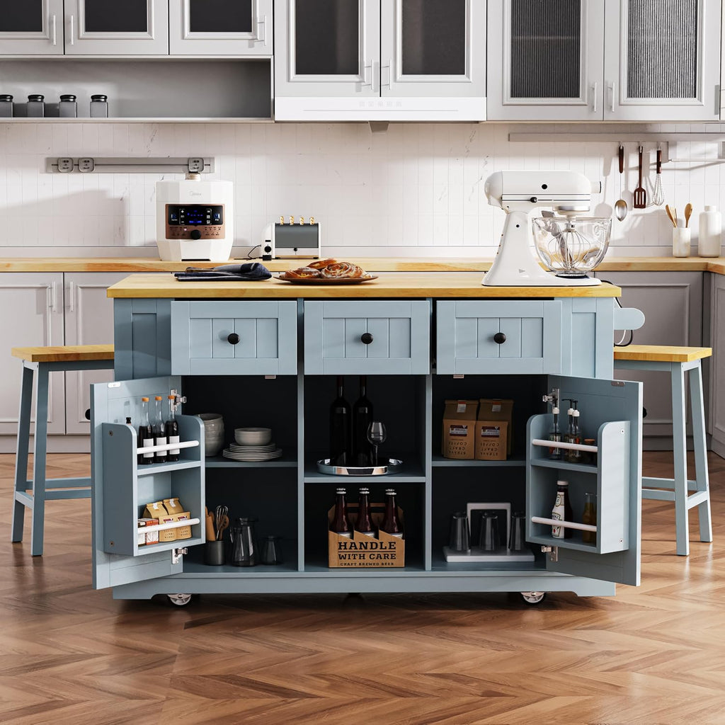 Classic Large Kitchen Island with 2 Bar Stools, Power Outlet,Door Internal Storage Rack, Kitchen Storage Cart on 5 Wheels with Drop Leaf, Used for Home, Dining Room (Grey-Blue/Large)