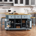 Classic Kitchen Island with Drop Leaf, Power Outlet, Door Internal Storage Rack, Rolling Kitchen Storage Cart on 5 Wheels with 5 Open Side Racks, 3 Drawers for Home, Dining Room (Grey-Blue/Wheels)