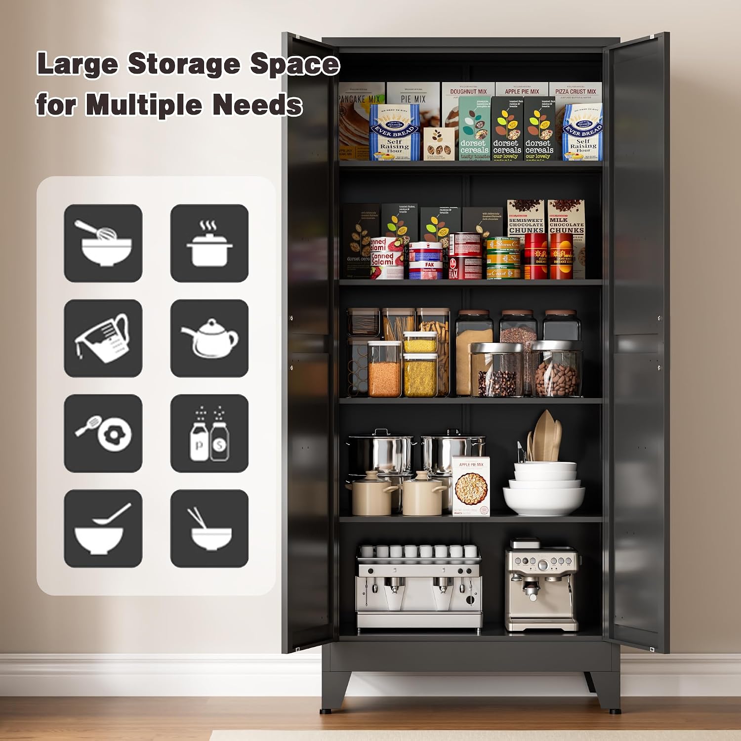 71' Tall Metal Kitchen Pantry Cabinet, Kitchen Storage Cabinets, Steel Cupboard with 2Doors and 4 Adjustable Shelves for Dining Room, Bathroom, Living Room