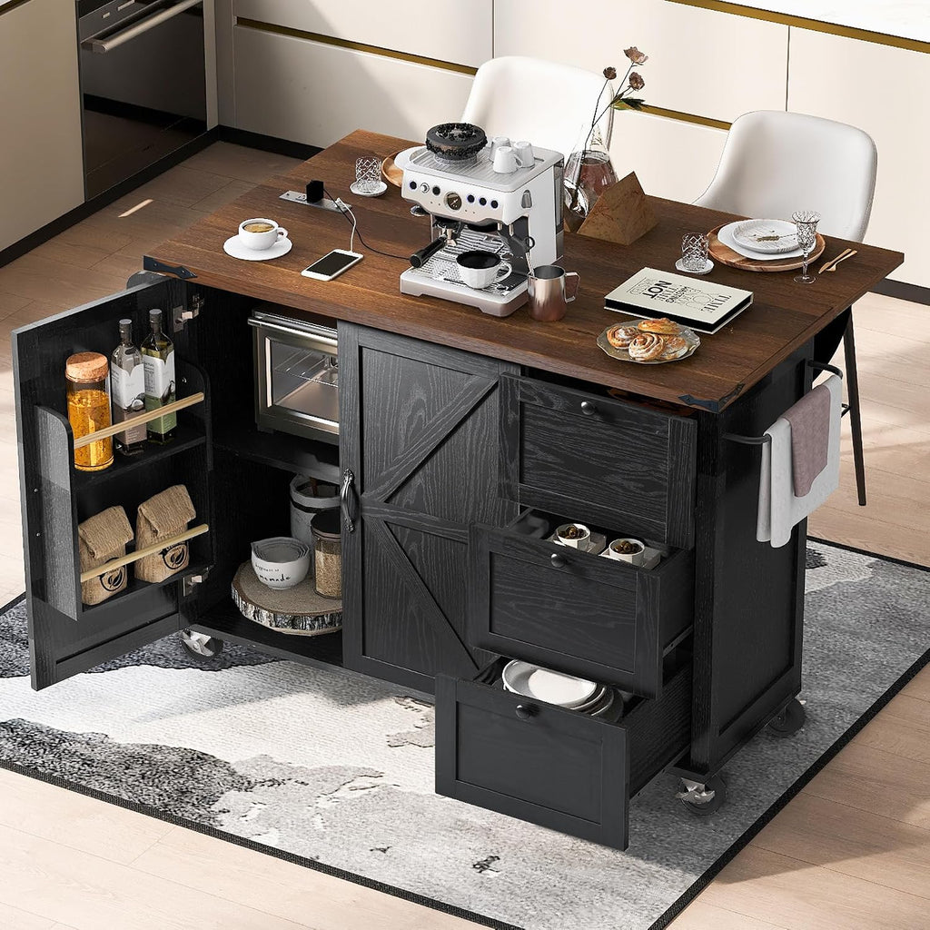 54.5' Farmhouse Kitchen Island with Power Outlet, Kitchen Storage Island with Internal Storage Rack, Drop Leaf, Spice Rack, Rolling Kitchen Cart on Wheels, for Home, Kitchen and Dining Room,Black