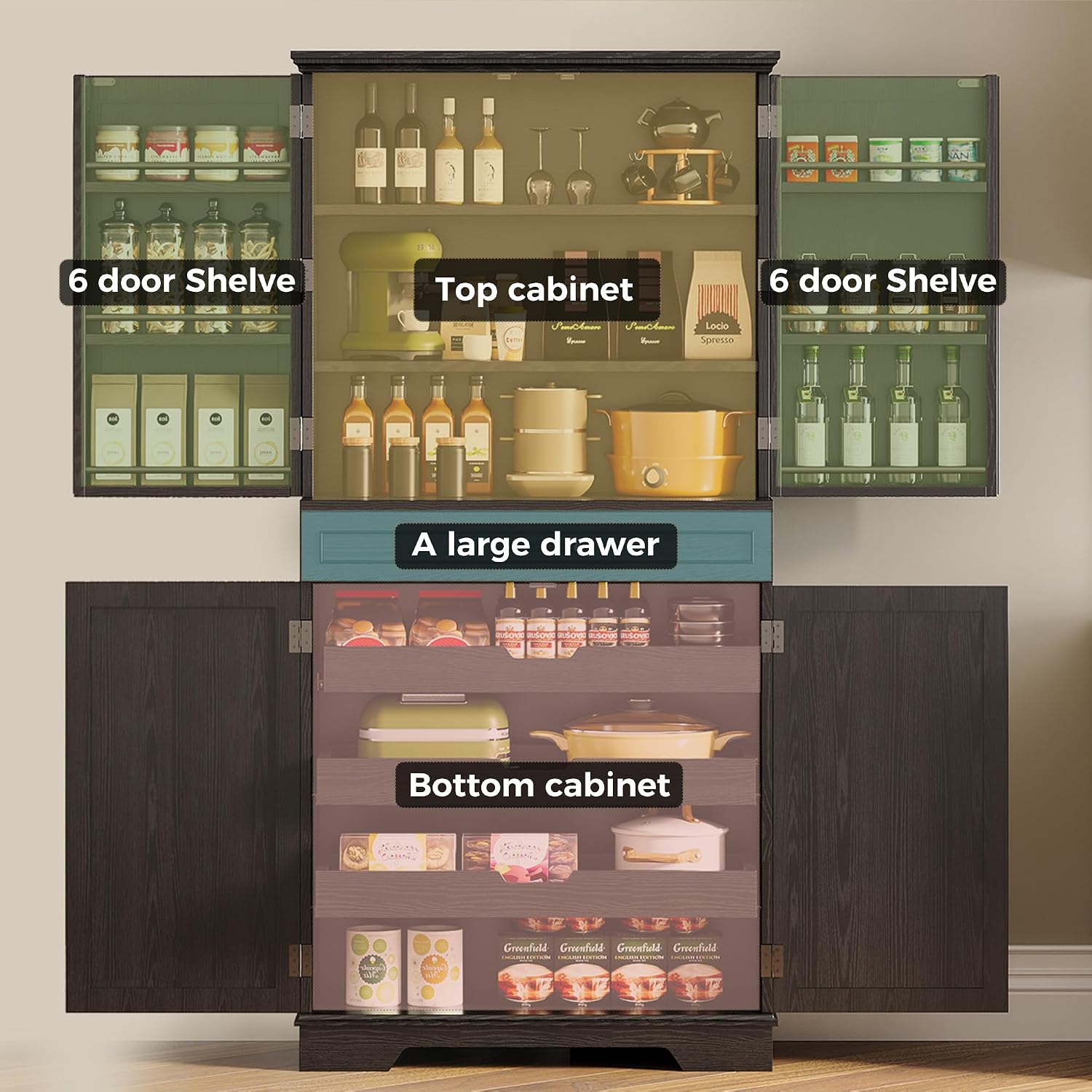 IRONCK Farmhouse Kitchen Pantry Cabinet, 72' Height Tall Freestanding Cupboard with Sliding Storage Rack and 6 Hanging Shelves for Kitchen, Dining Room, Black