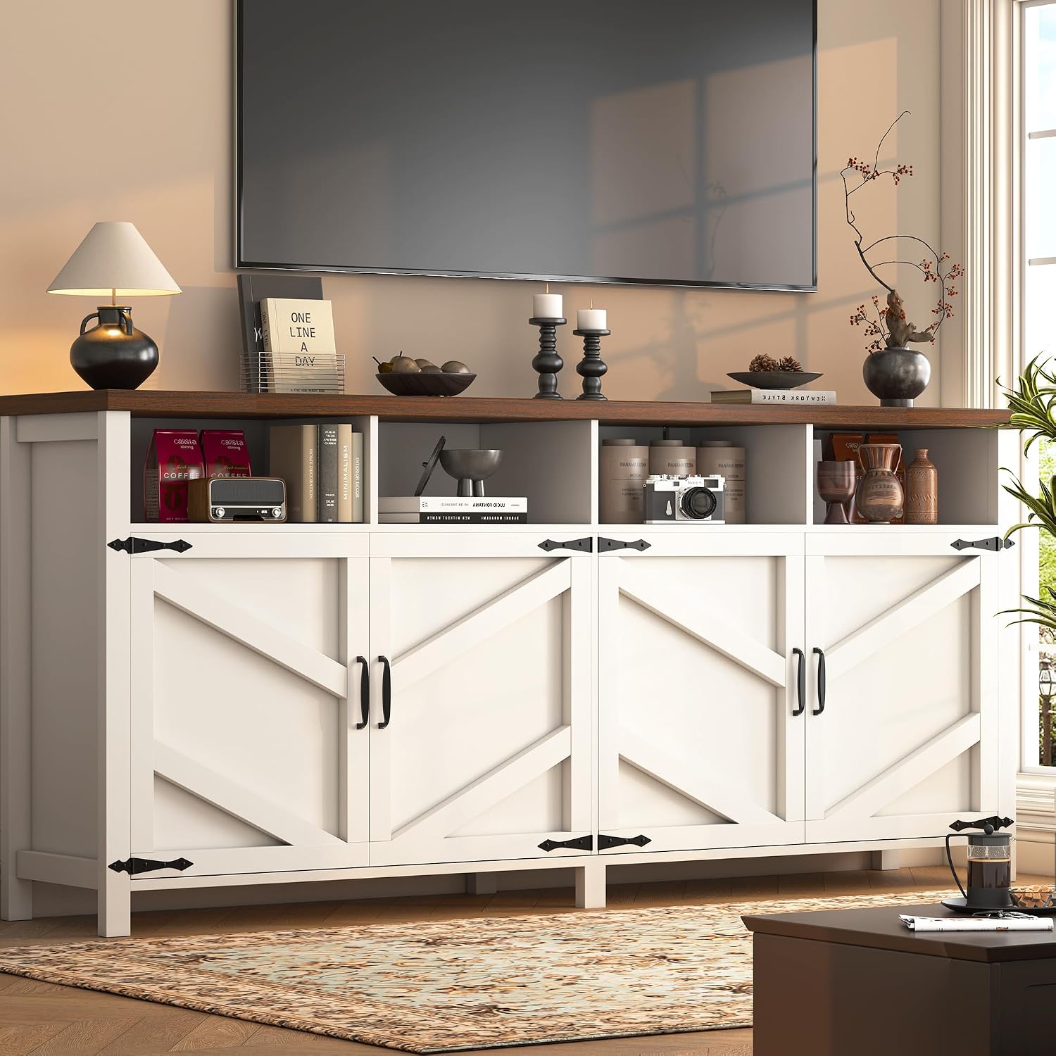knoworld 63'' Buffet Sideboard with Storage Farmhouse with 4 Doors, Large Kitchen Storage Cabinet Wood Coffee Bar Cabinet Buffet Table with Shelves for Kitchen, Dining Room, Entryway