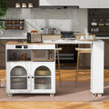 Rolling Kitchen Island With Extended Table, Kitchen island on Wheels with LED Lights,Power Outlets and 2 Fluted Glass Doors, Kitchen Island with a Storage Compartment and Side 3 Open Shelves,White