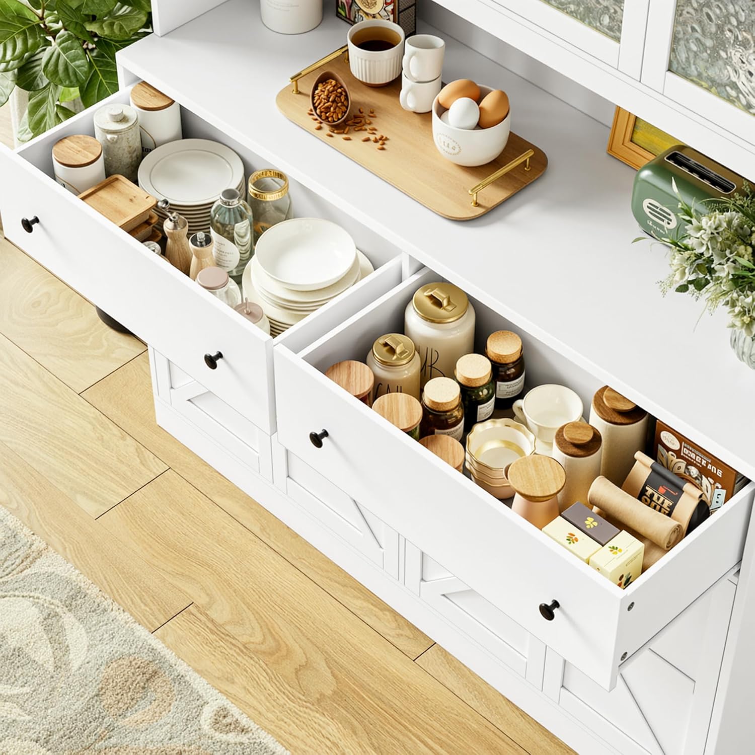 FINETONES 71' Pantry Cabinet with LED Light and Charging Station, Farmhouse Kitchen Pantry Cabinet with Microwave Stand, 47.2' Wide Kitchen Hutch Food Pantry with Open Countertop, White
