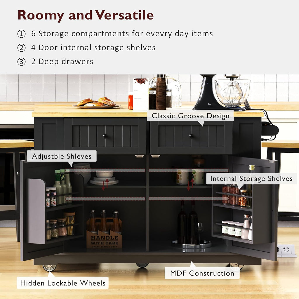48 inch Rolling Kitchen Island Storage Cart on 5 Wheels with Drop Leaf, 2 Bar Stools, Power Outlet, Door Internal Storage Rack, 5 Open Side Racks, 2 Drawers for Dining Room, Home Bar Black