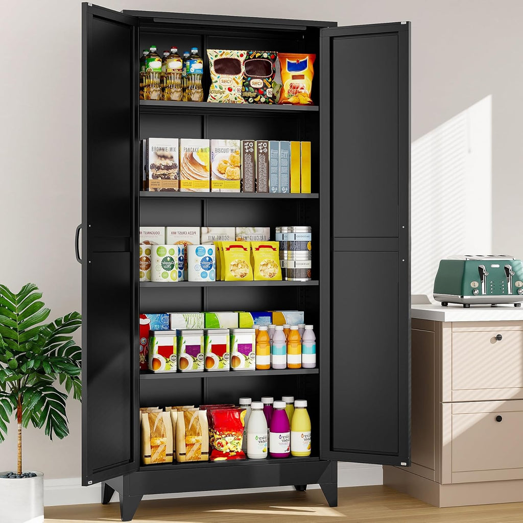 SISESOL 75' Tall Pantry Cabinet,Farmhouse Kitchen Pantry Storage Cabinets with 2 Doors and 4 Shelves,Black Metal Storage Cabinet,Large Cupboard for Home,Kitchen,Dining/Living Room