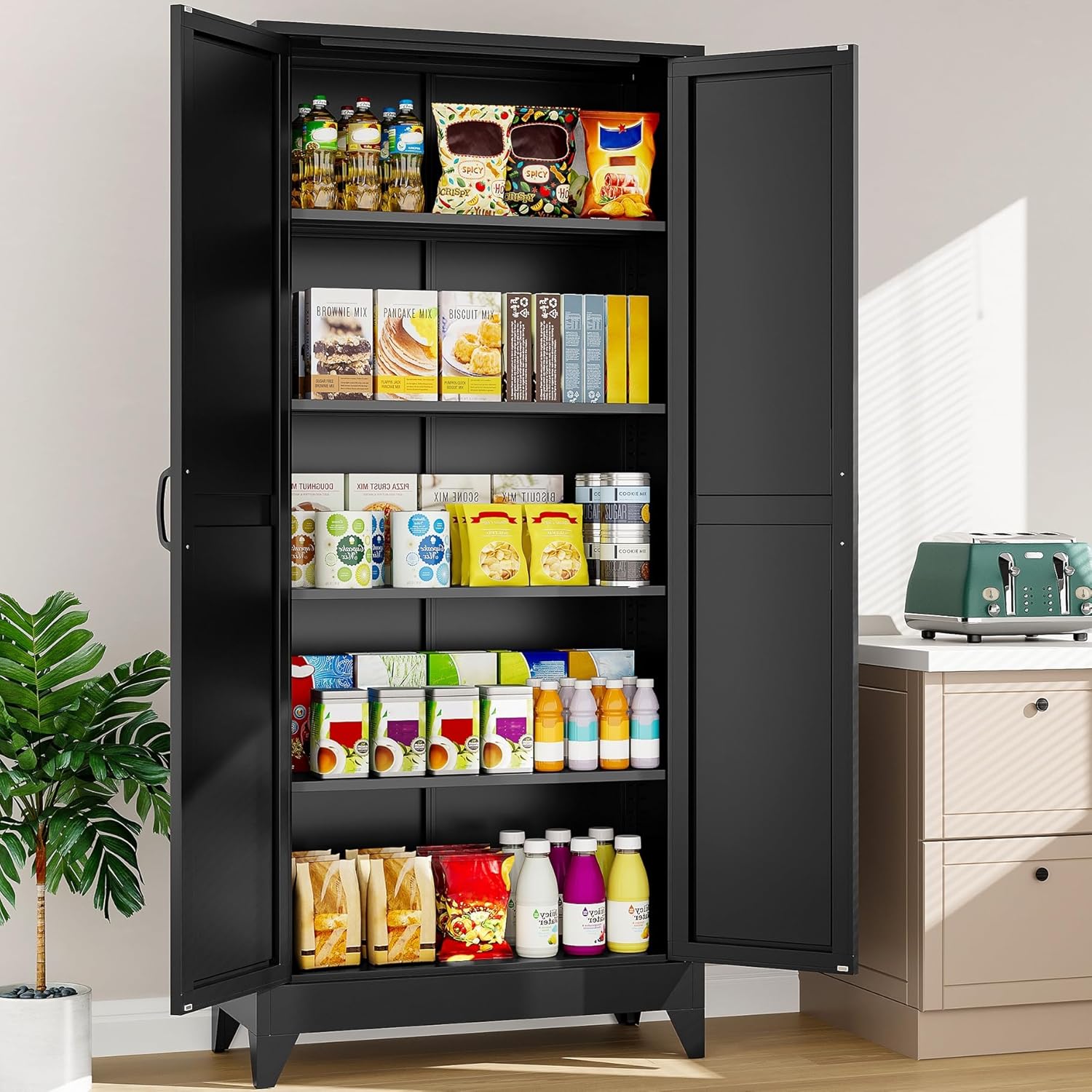 SISESOL 75' Tall Pantry Cabinet,Farmhouse Kitchen Pantry Storage Cabinets with 2 Doors and 4 Shelves,Black Metal Storage Cabinet,Large Cupboard for Home,Kitchen,Dining/Living Room