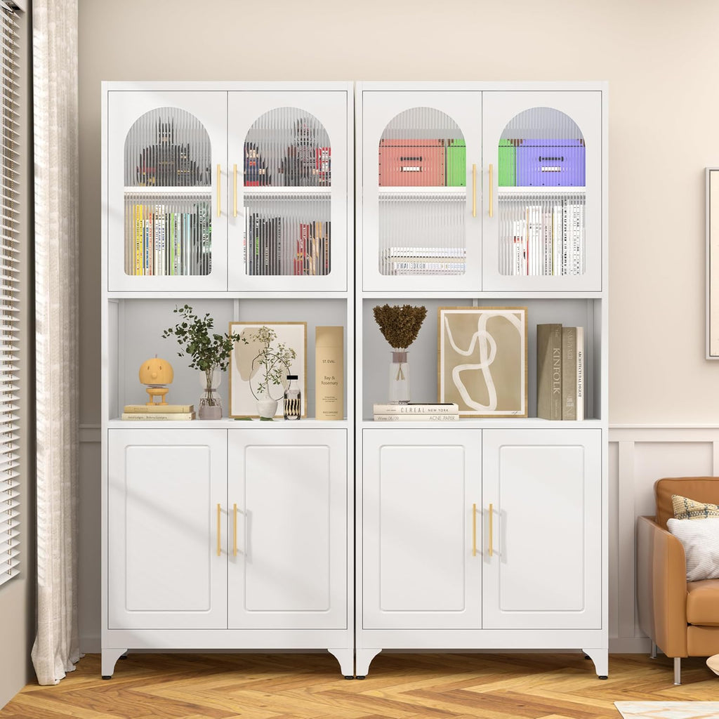 SteeLoong Metal Kitchen Pantry Storage Cabinet，75' Tall Storage Cabinets with 4 Doors and Adjustable Shelves ，White Hutch Cabinet with Microwave Stand,Large Kitchen Cupboard for Dining Room