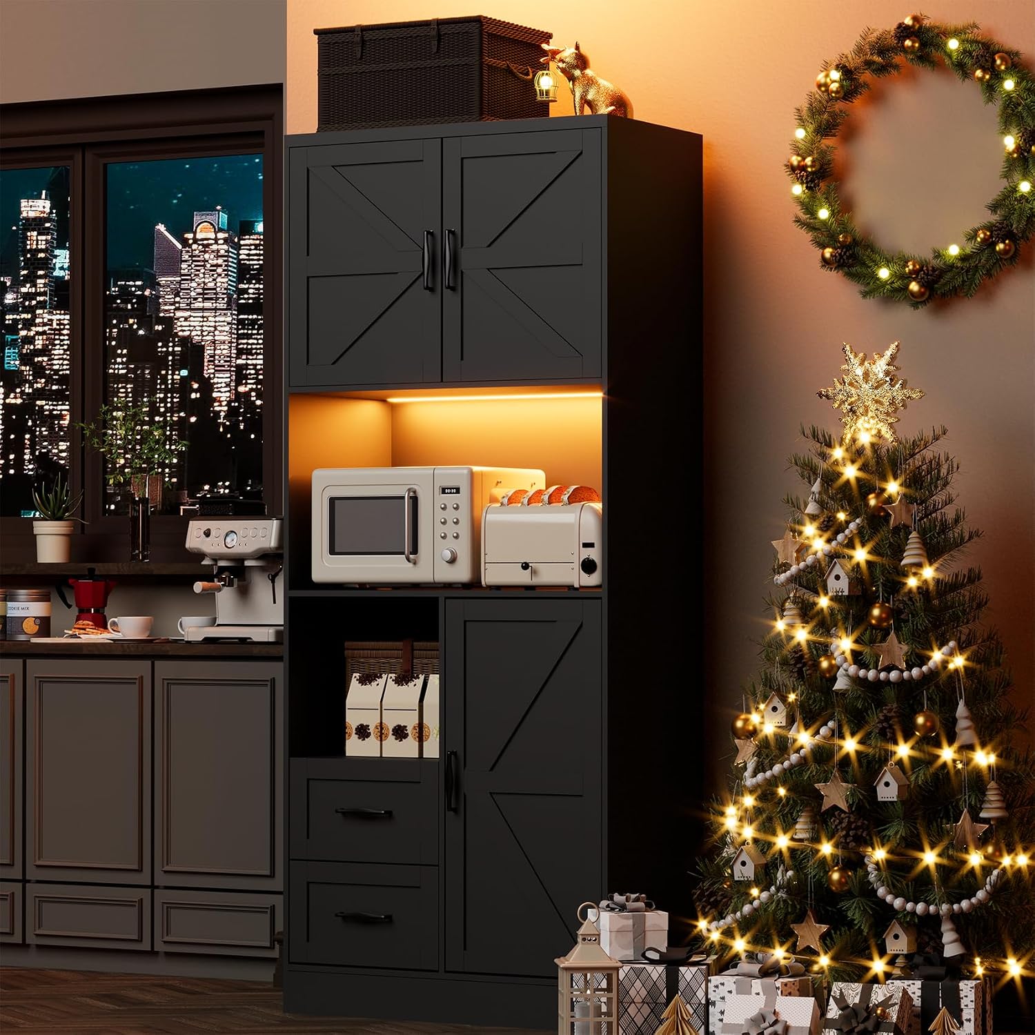 Kitchen Pantry Storage Cabinet with LED Lights and Power Strip, Tall Farmhouse Kitchen Pantry with Barn Doors and Drawers, Adjustable Shelves for Dining Living Room (Black)