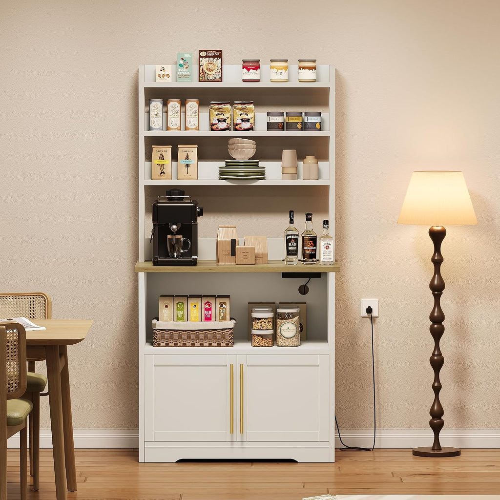 63'' Bakers Rack, Farmhouse Microwave Stand with Glass Doors, Coffee Bar Cabinet with Storage，Kitchen Organizer with Thickened Countertop, White